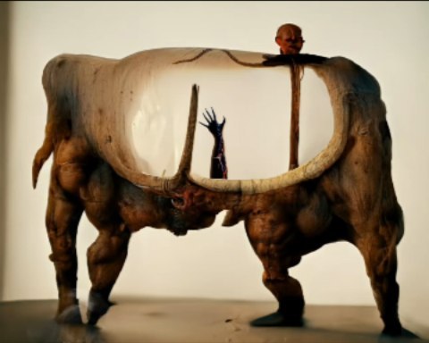 Horned bull-like form framing a raised arm in the If you gaze Reel cover