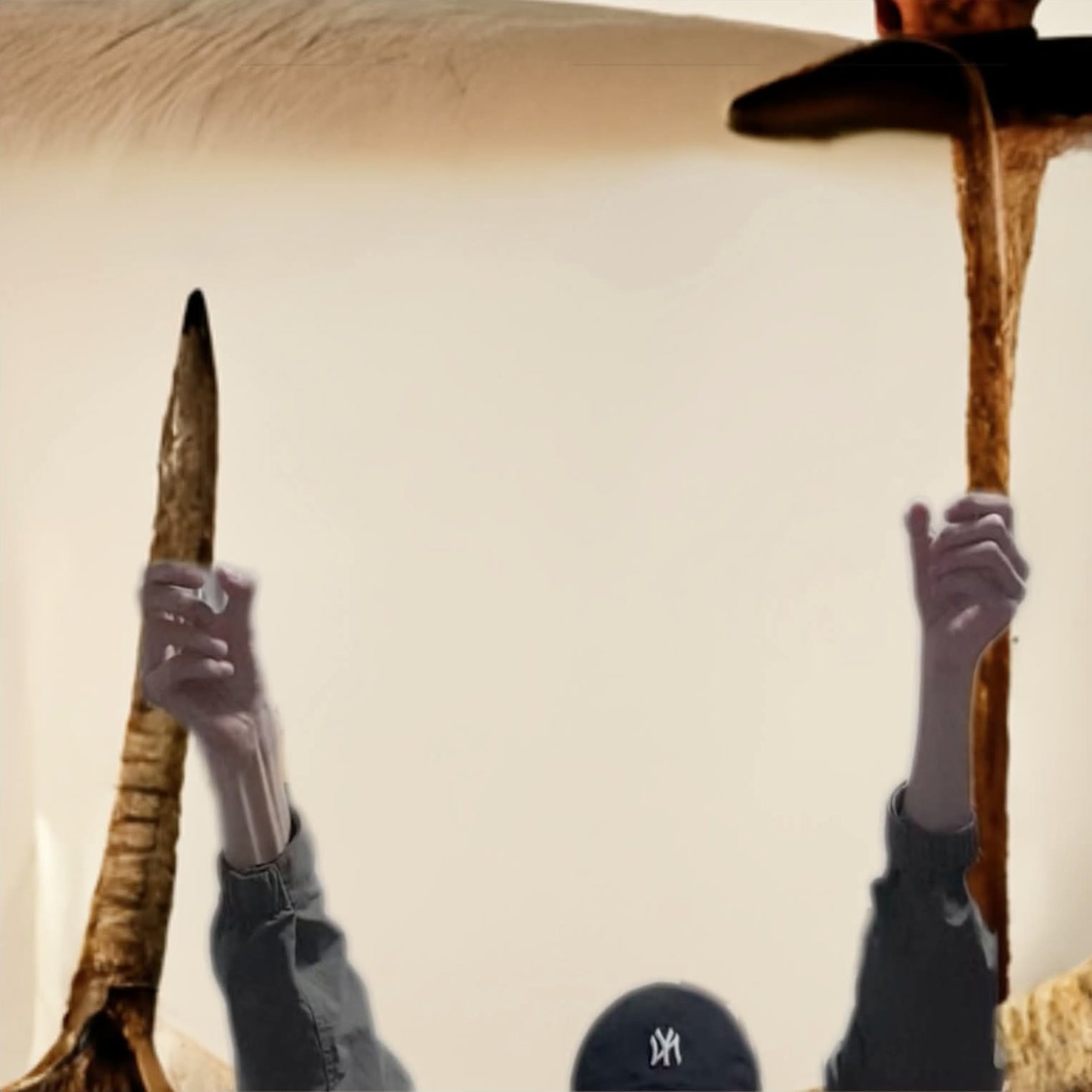 Raised arms integrated with generated horns and a pale background