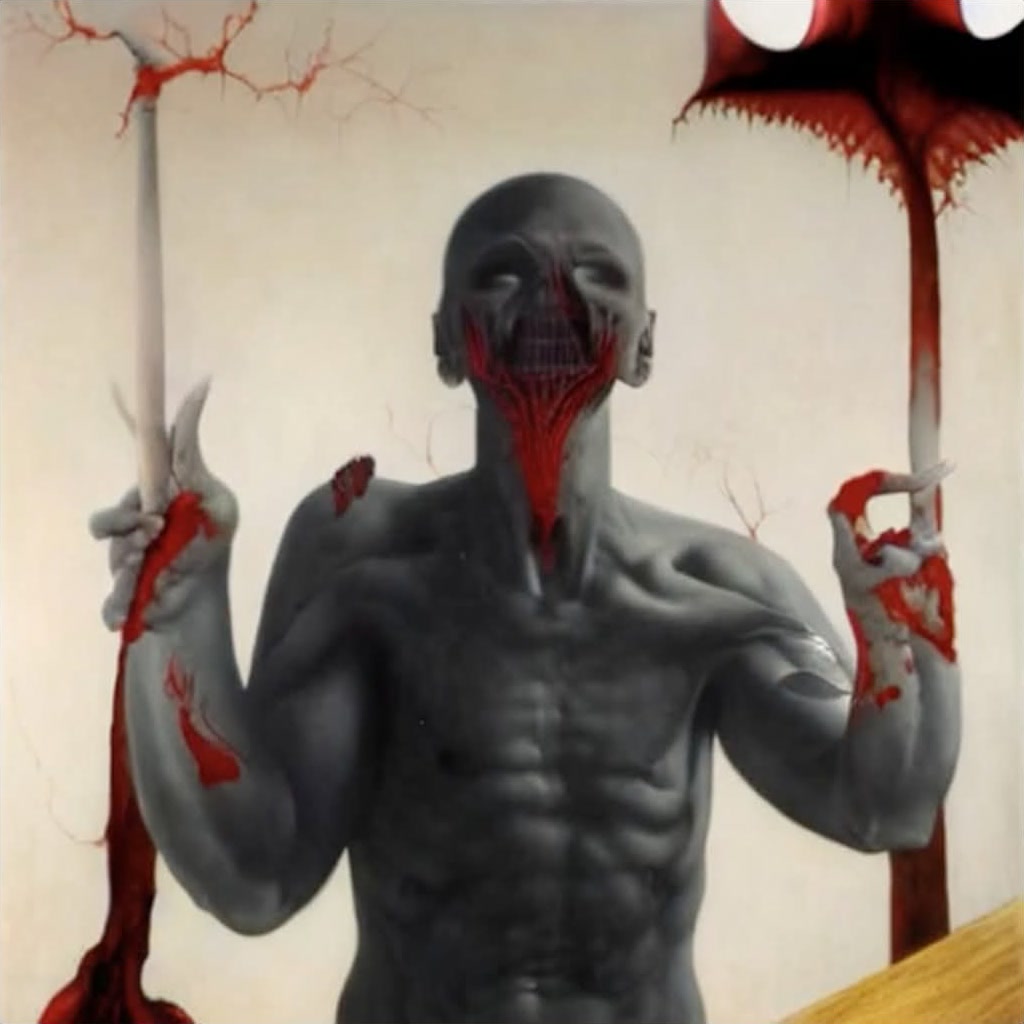 Generated gray figure with red details and transformed facial features