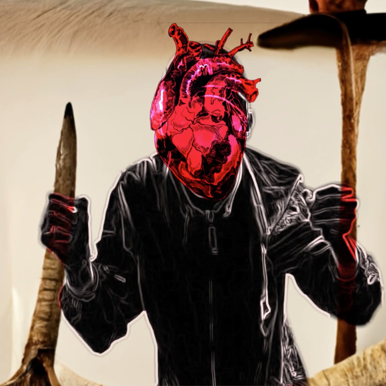 Figure with a red heart over the head and outlined dark clothing
